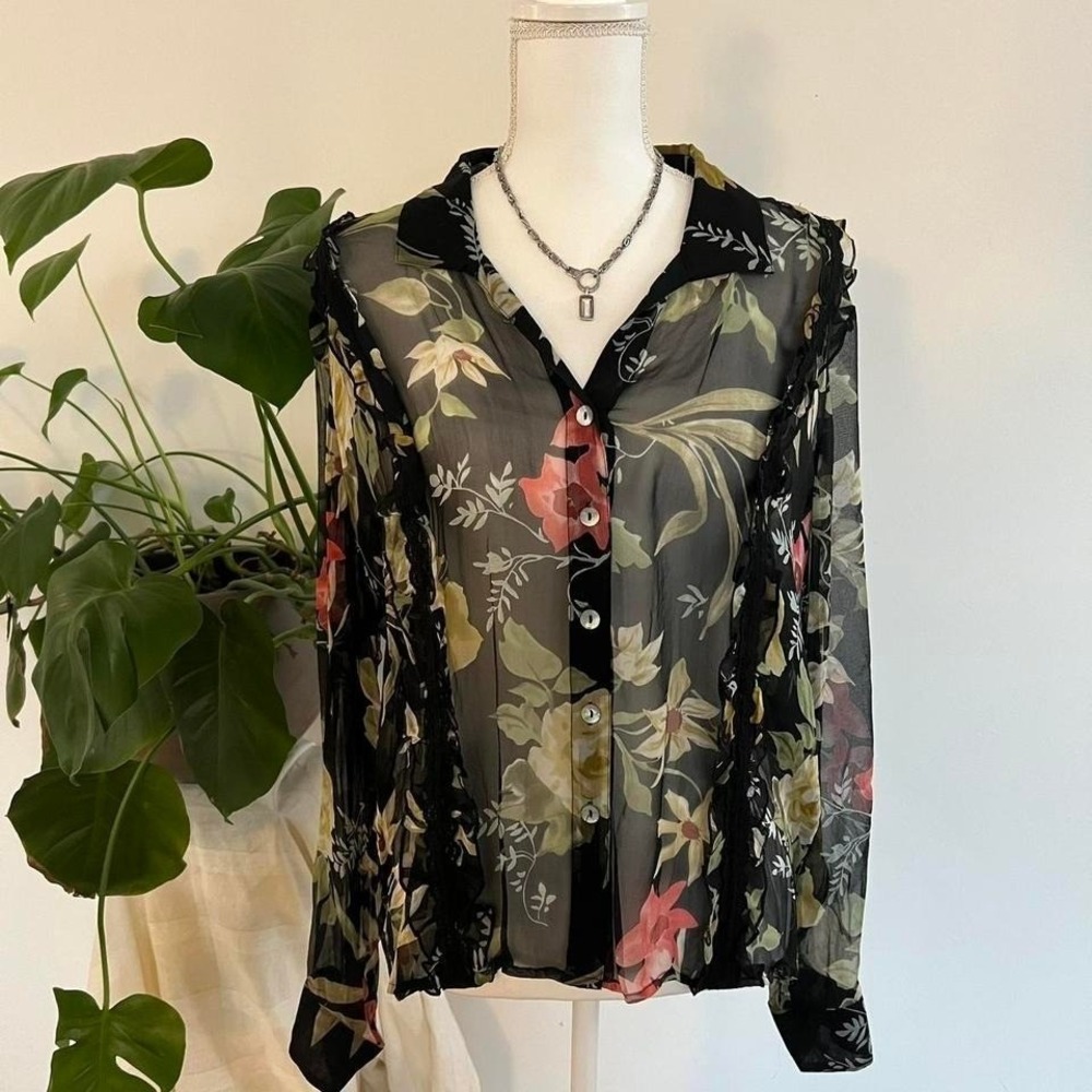 VTG 100% Silk Blouse Black Sheer Floral Blouse with Lace Ruffle Trim Detail XL